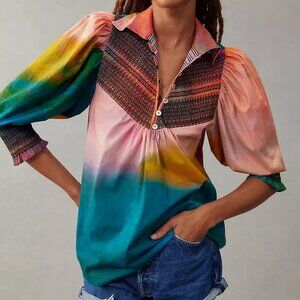 Hope for Flowers by Tracy Reese Smocked Henley Blouse in Tie Dye Size Small